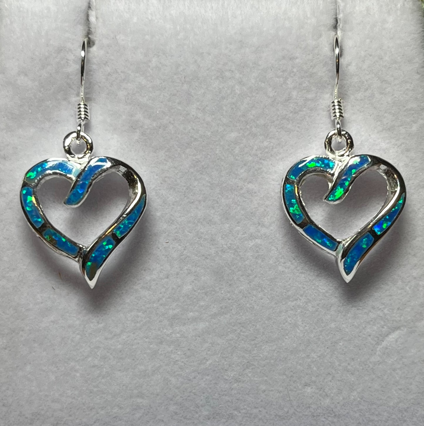 Sterling Silver Blue or White Opal Heart Earrings