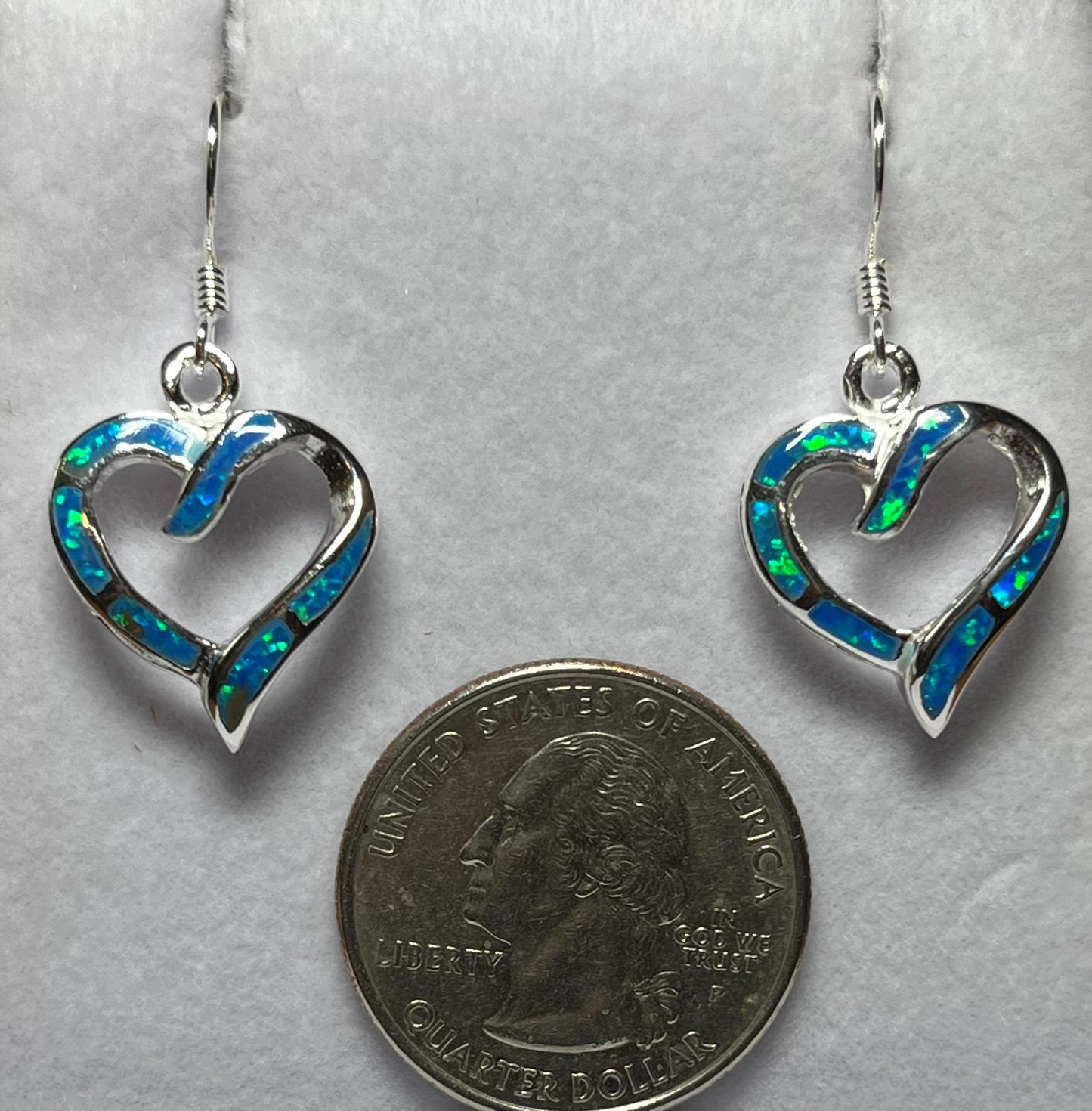 Sterling Silver Blue or White Opal Heart Earrings