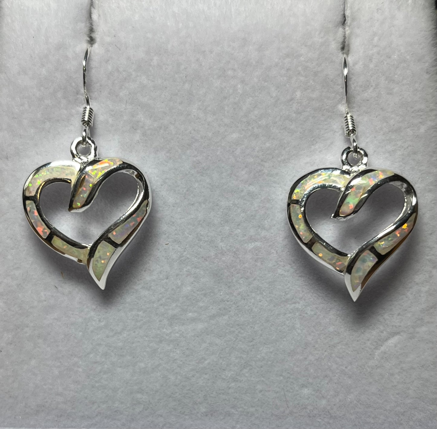Sterling Silver Blue or White Opal Heart Earrings