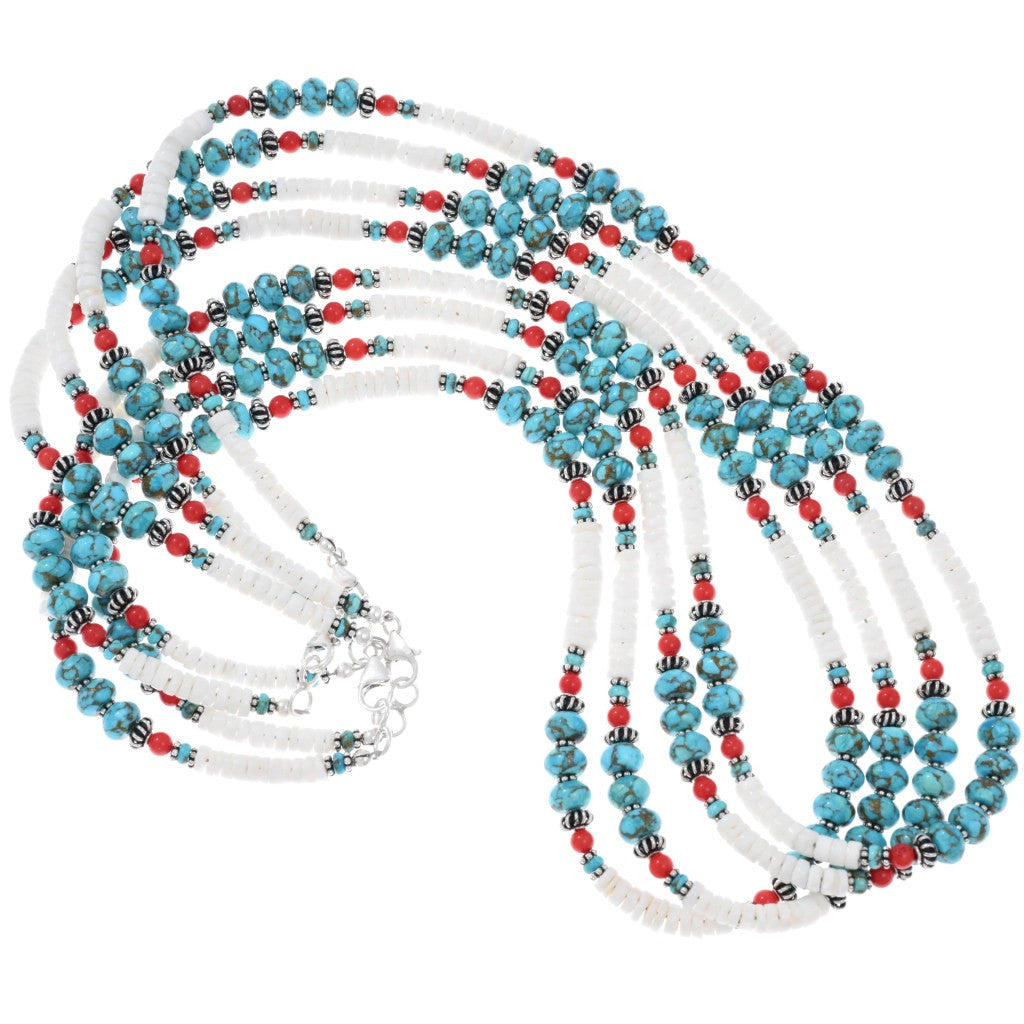 Turquoise and Coral Strand with White Heishi Accents