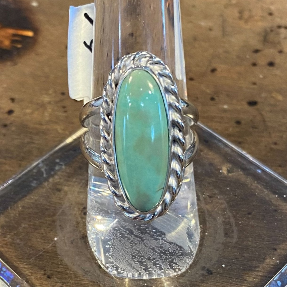 Pale Blue Green Kingman Turquoise with Matrix Sterling Ring with Rope - R37