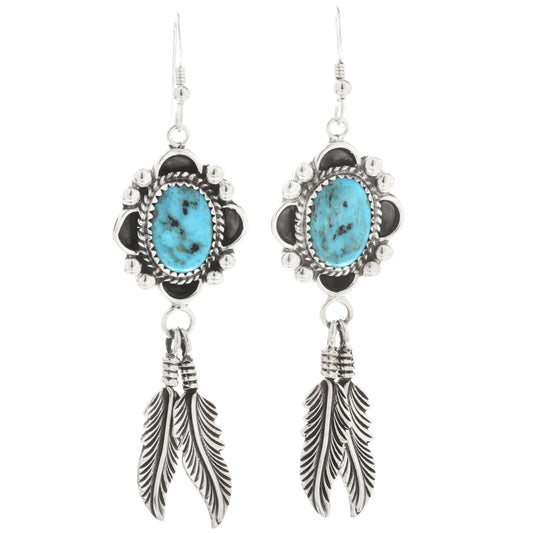 Kingman Turquoise Drop Earrings with Feathers