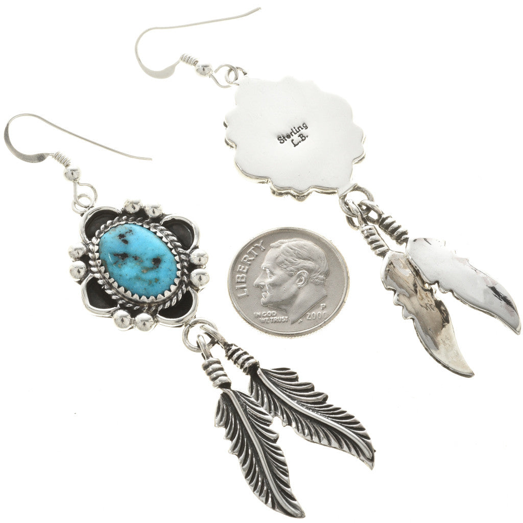 Kingman Turquoise Drop Earrings with Feathers