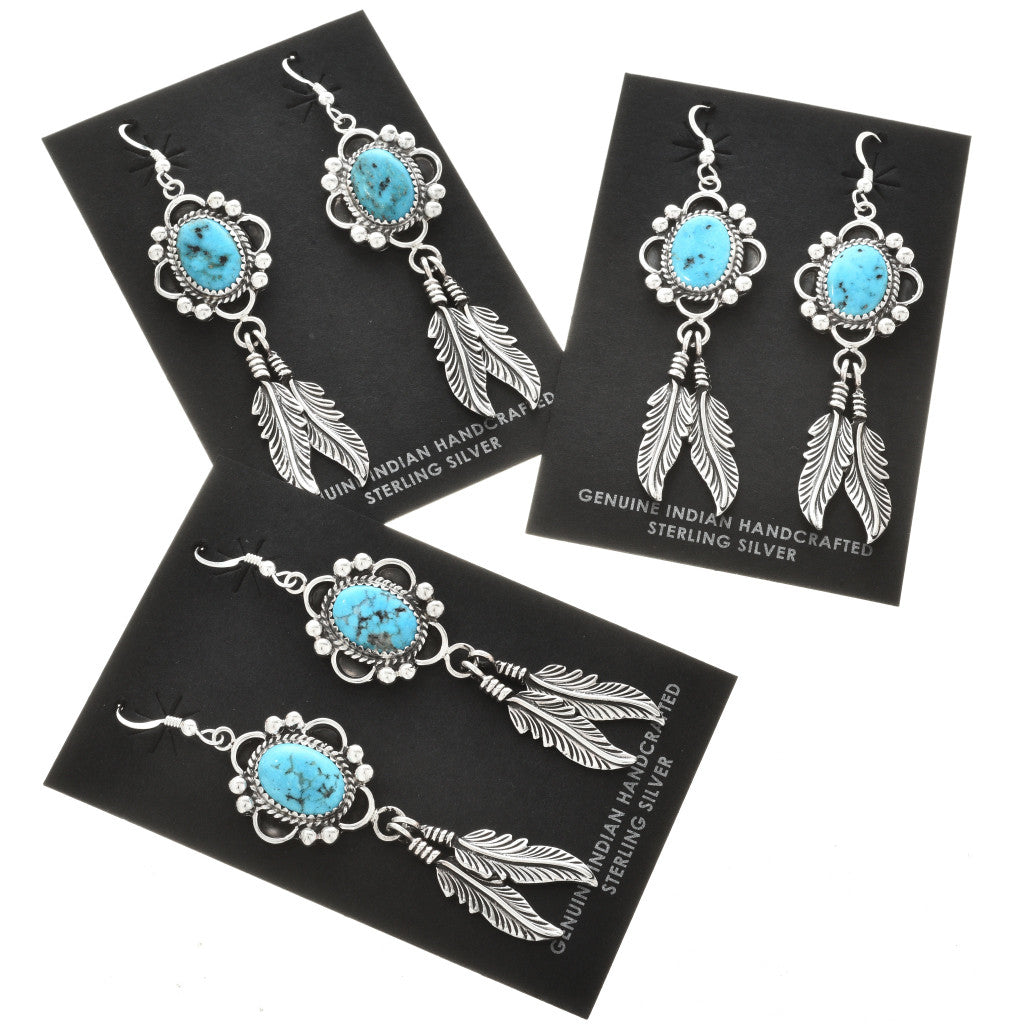 Kingman Turquoise Drop Earrings with Feathers