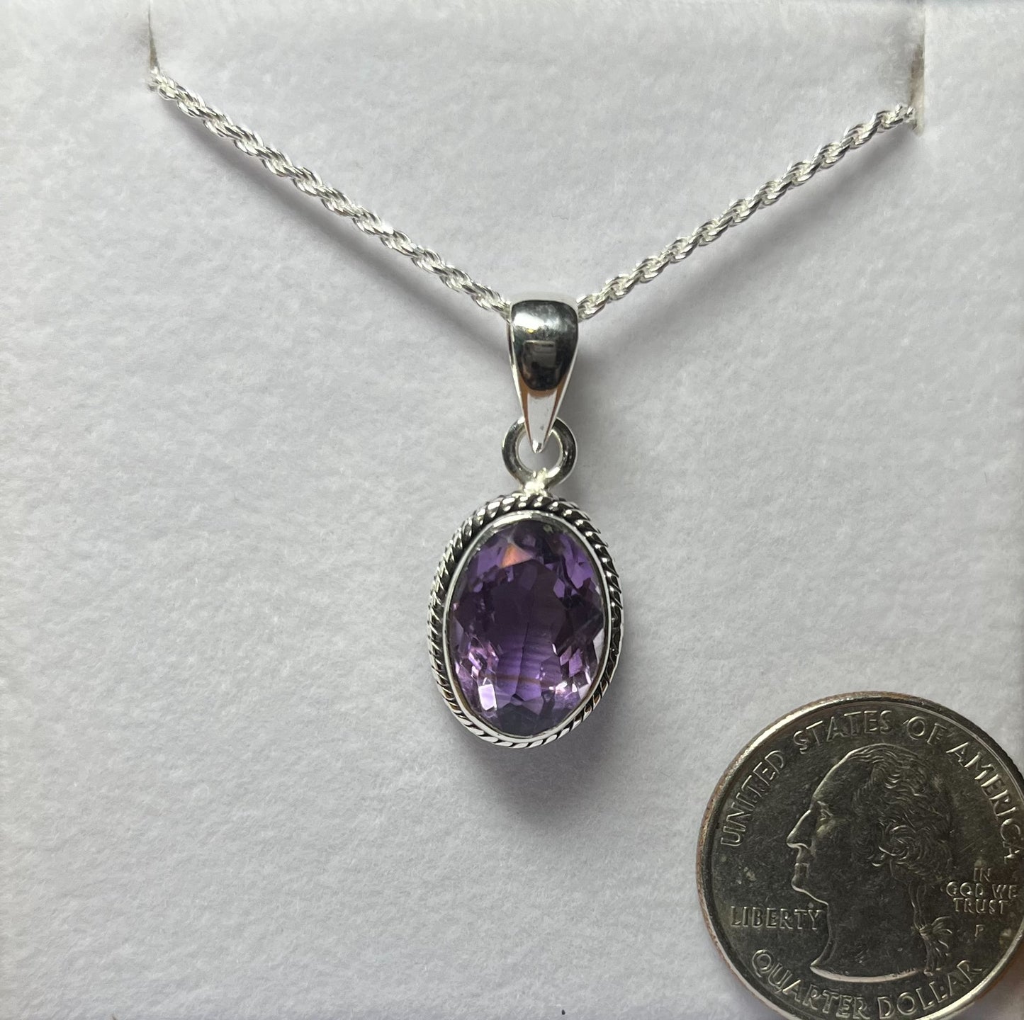 Sterling Silver Oval Faceted Amethyst Pendant - medium