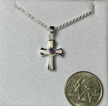 Sterling Silver Blue or White Opal and Amethyst Cross Pendant