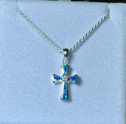 Sterling Silver Blue or White Opal and Amethyst Cross Pendant