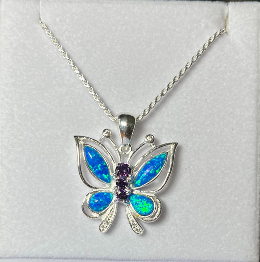 Sterling Silver Blue or White Opal Butterfly Pendant with Pink CZ