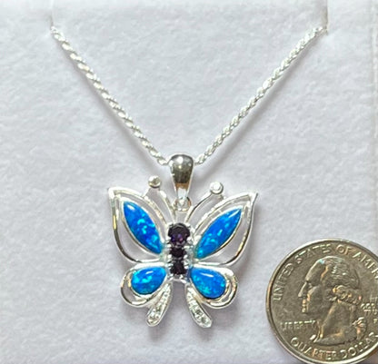 Sterling Silver Blue or White Opal Butterfly Pendant with Pink CZ