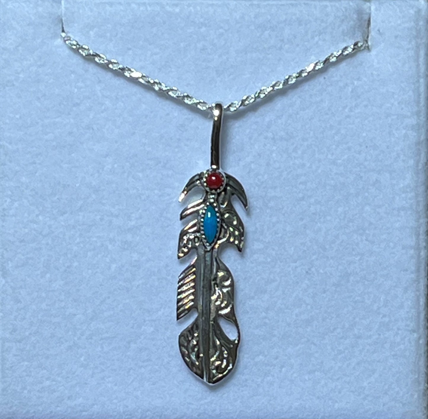 Sterling Silver Sterling Feather Pendant with Turquoise and Coral