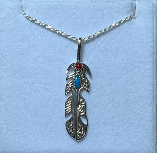 Sterling Silver Sterling Feather Pendant with Turquoise and Coral