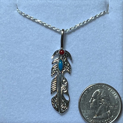 Sterling Silver Sterling Feather Pendant with Turquoise and Coral