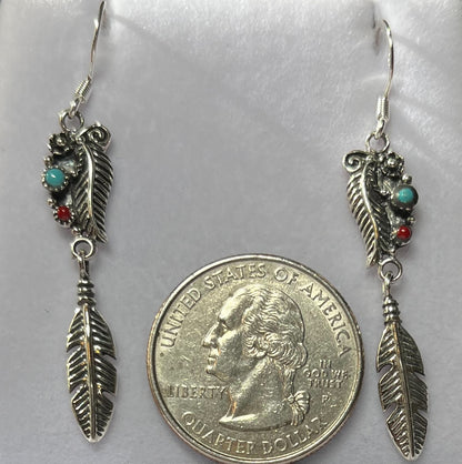 Sterling Silver Turquoise Earrings with Feather Drops