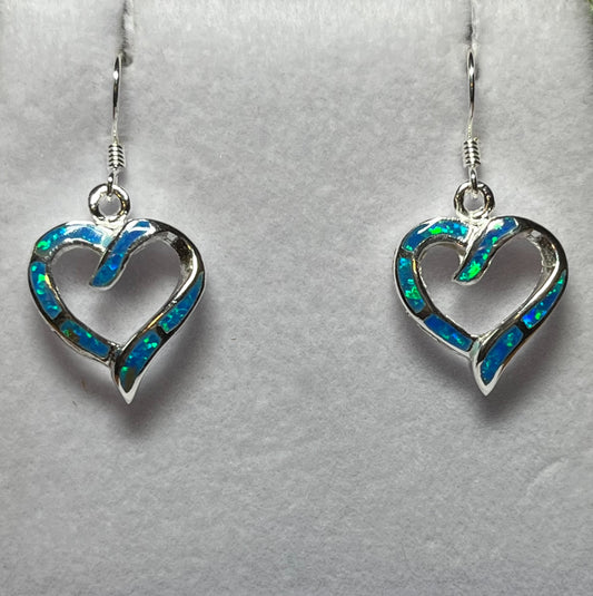 Sterling Silver Blue or White Opal Heart  Earrings