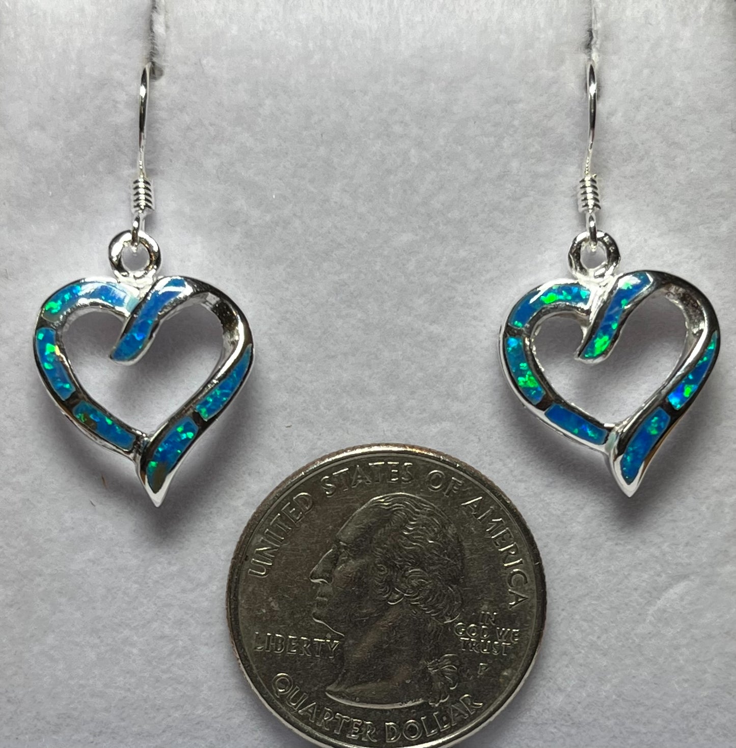 Sterling Silver Blue or White Opal Heart  Earrings