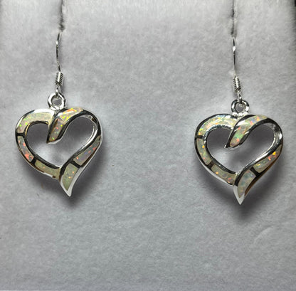 Sterling Silver Blue or White Opal Heart  Earrings