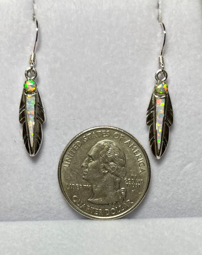 Sterling Silver Blue or White Opal Feather Earrings