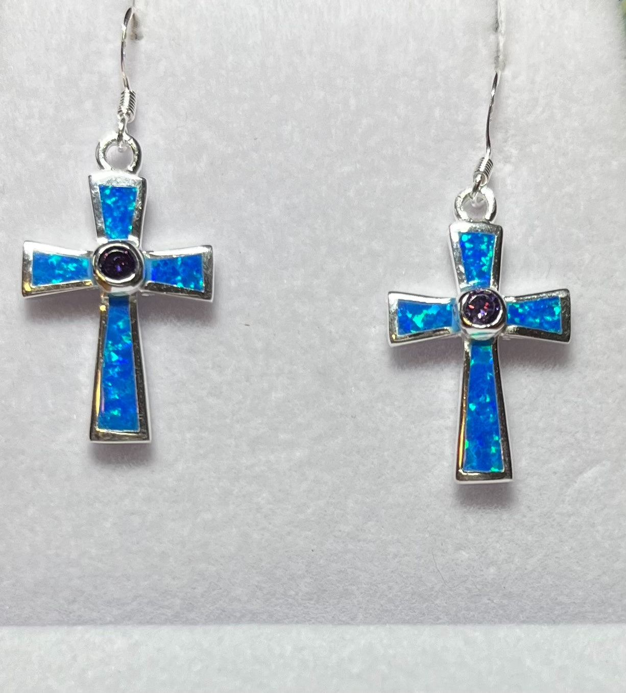 Sterling Silver Blue or White Opal Cross Earrings with Amethyst