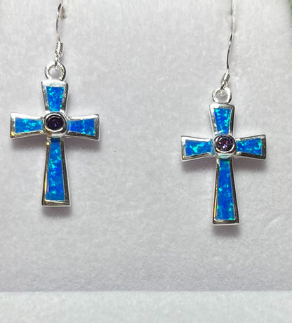 Sterling Silver Blue or White Opal Cross Earrings with Amethyst