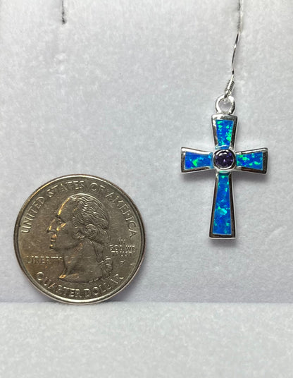 Sterling Silver Blue or White Opal Cross Earrings with Amethyst