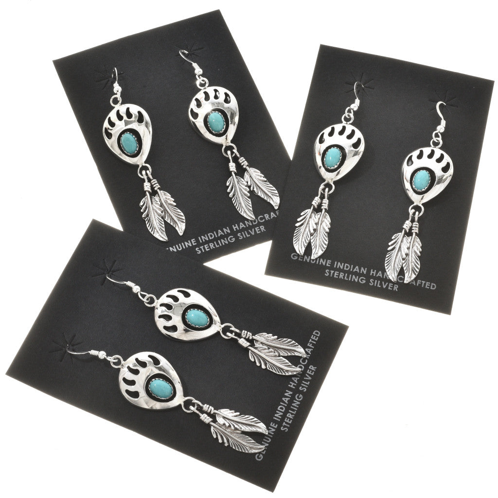 Bear Paw Earrings with Feather Drops