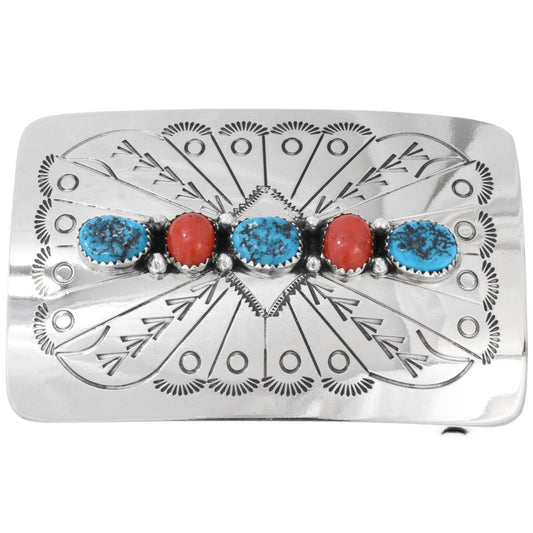 Navajo Turquoise and Coral Belt Buckle