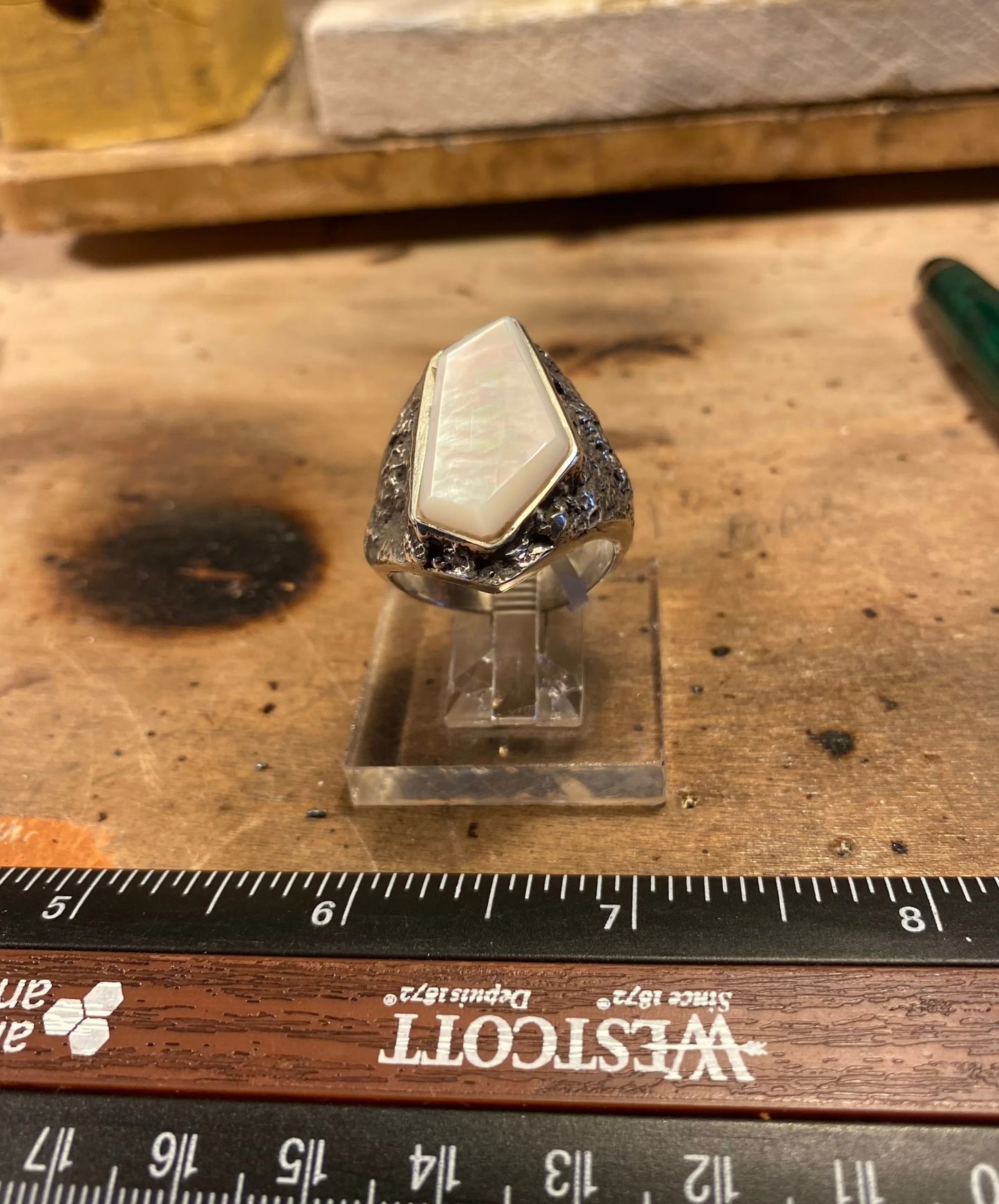 Men's hand cut Mother of Pearl Trapezoid Inlay Pebble Cast Ring