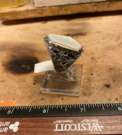 Men's hand cut Mother of Pearl Trapezoid Inlay Pebble Cast Ring