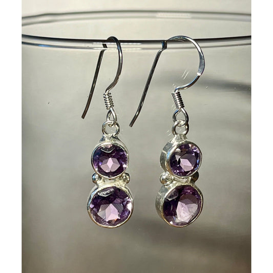 Genuine Two Stone Amethyst Drop Earrings