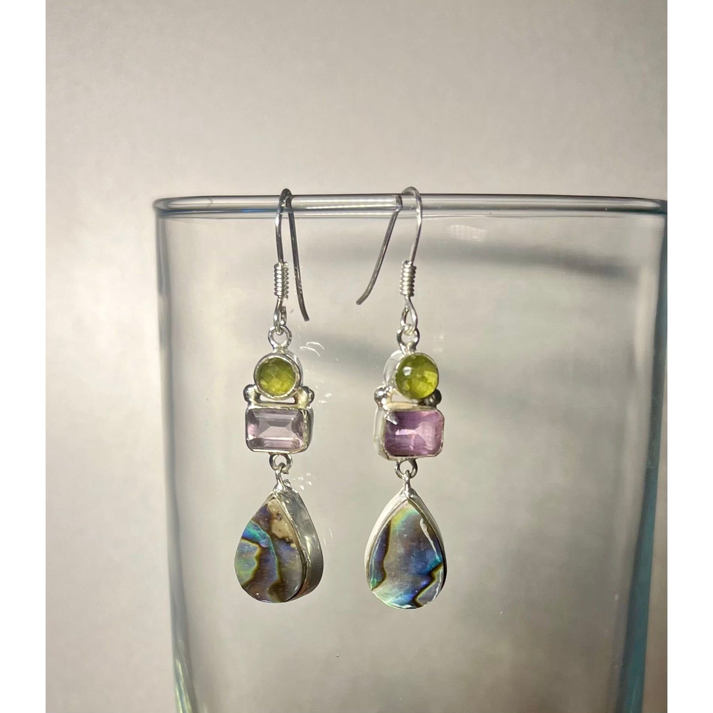 Amethyst, Peridot and Abalone Shell Drop Earrings