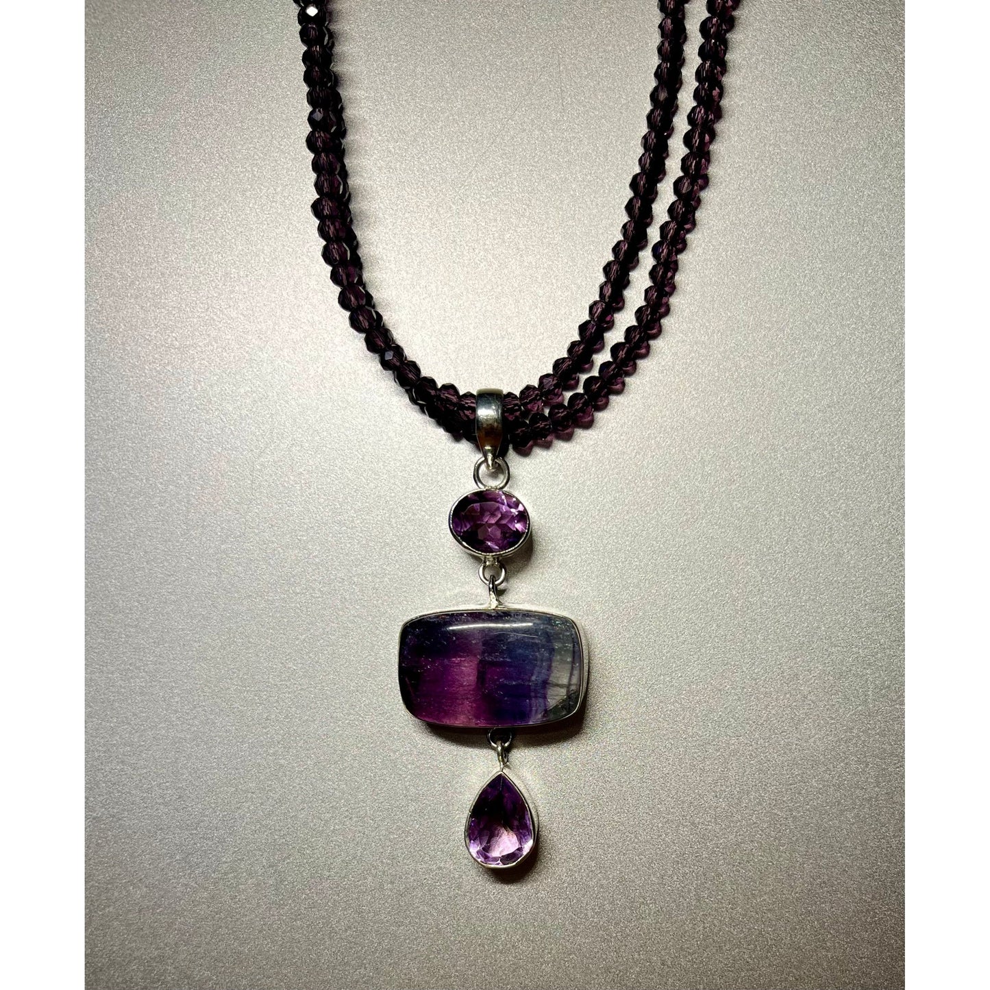 Amethyst and Fluroide Pendant on 20" Beaded Chain