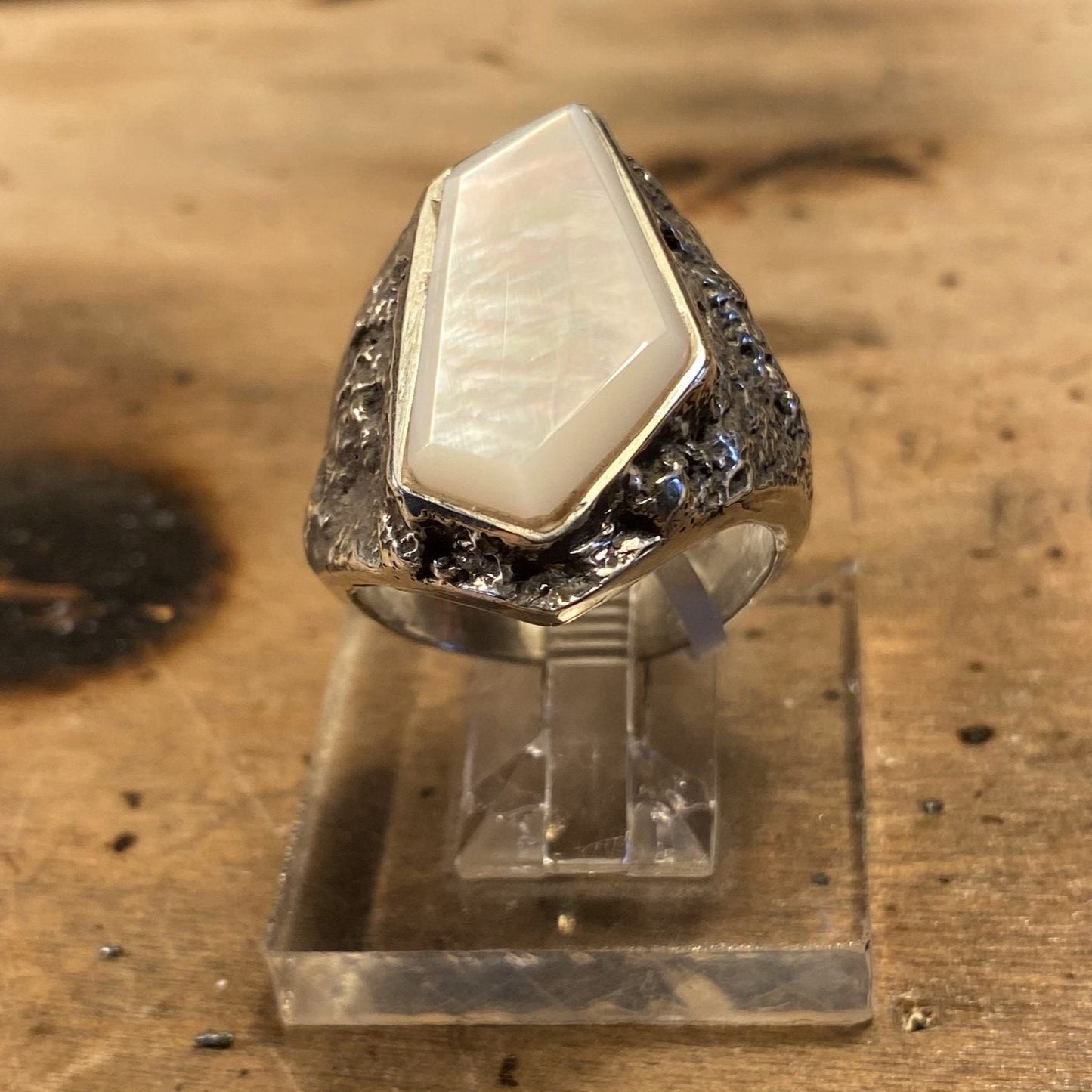 Men's hand cut Mother of Pearl Trapezoid Inlay Pebble Cast Ring