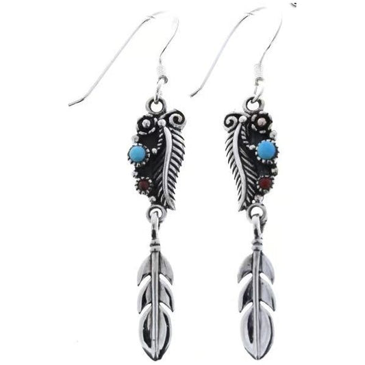 Sterling Silver Turquoise Earrings with Feather Drops