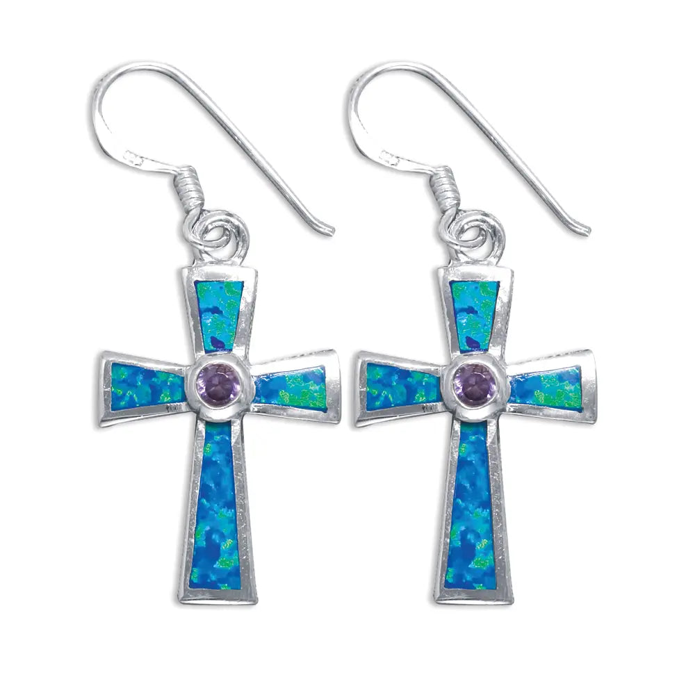 Sterling Silver Blue or White Opal Cross Earrings with Amethyst