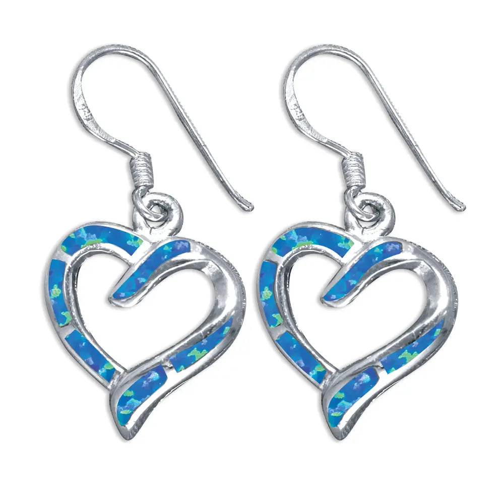 Sterling Silver Blue or White Opal Heart  Earrings