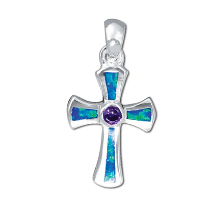 Sterling Silver Blue or White Opal and Amethyst Cross Pendant