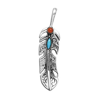 Sterling Silver Sterling Feather Pendant with Turquoise and Coral